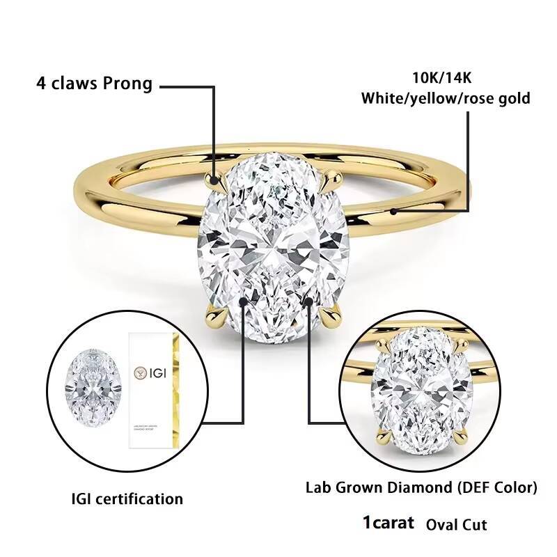 1CT DEF VS VVS IGI Oval HPHT CVD 9K 10K 14K White Rose Yellow Gold Lab Grown Diamond Rings