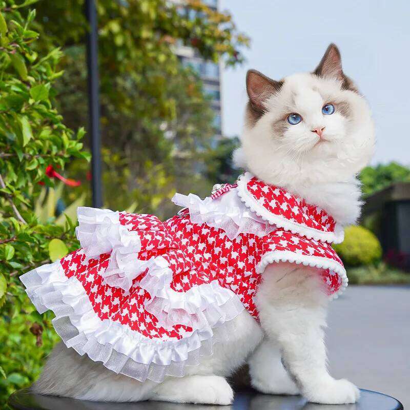 Cute Bow Summer Princess Dog Cat Houndstooth Traction Lace Stitching Dress Pet Clothes XS-4XL Size H260129