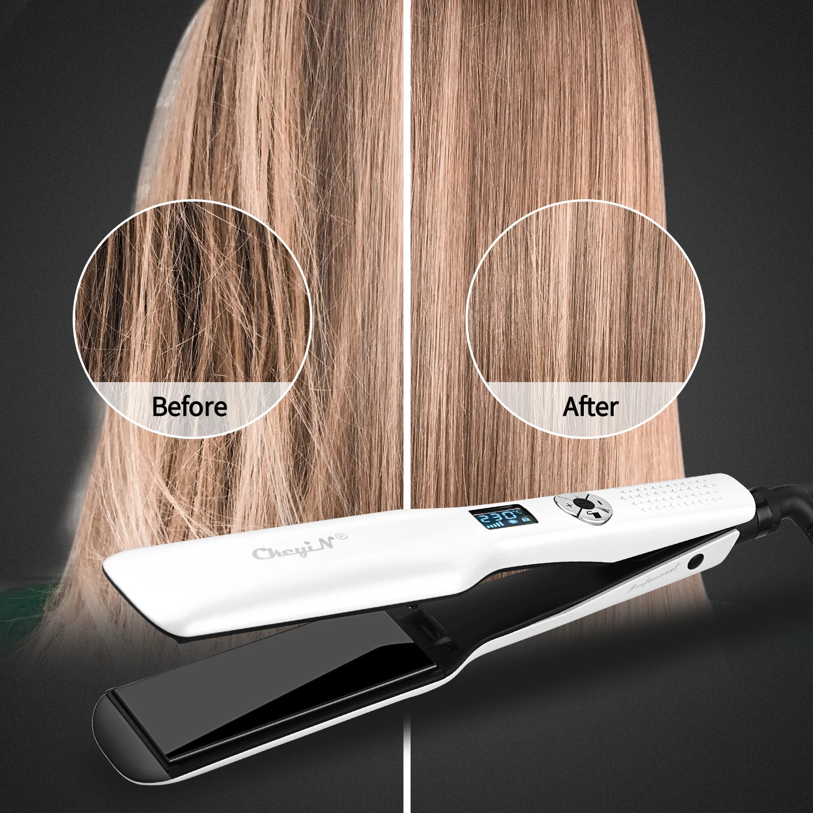 CkeyiN 44mm Tourmaline Ceramic Hair Straightener LCD Display Fast Heating Flat Iron Adjustable Temperature Straightening 260122