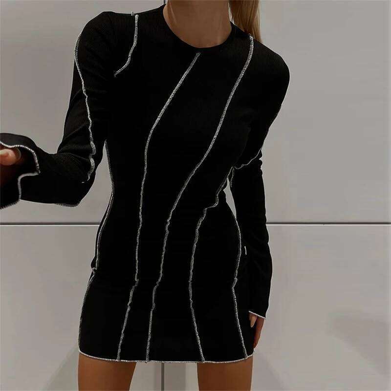 Flare Sleeve Ribbed Bodycon Dress Women Autumn Winter Full Sleeves Sheath Mini Vestidos De Festa Contrast Stripes Sexy Dresses XJ260131