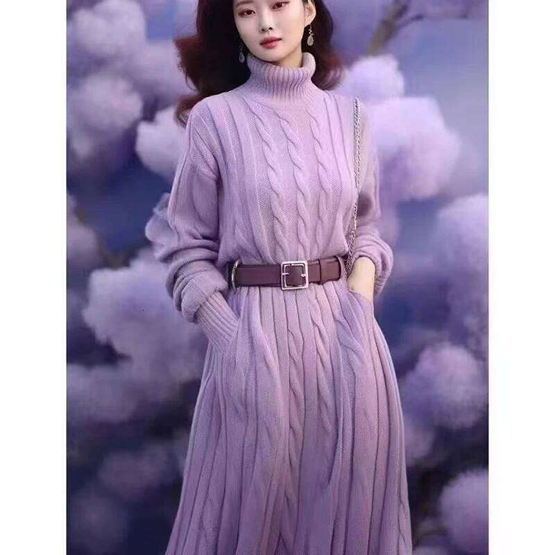 Elegant High-Neck Twisted Knit Sweater Dress 2025 Women Autumn Winter Warm Elastic Luxury Loose Style Fashionable XJ260131