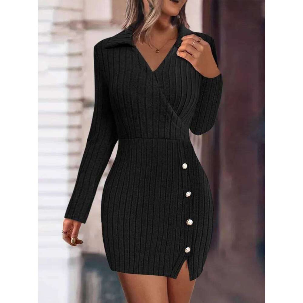 New autumn winter solid color V-neck fitted bodycon long sleeve dress for women from Europe and America. XJ260131