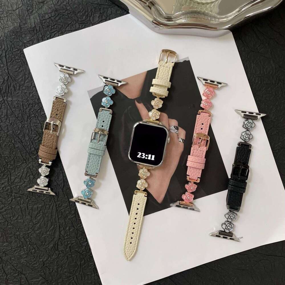 Camellia Diamond Denim Leather Apple Watch Band Fashion Strap for iWatch Series 1-10 Ultra SE