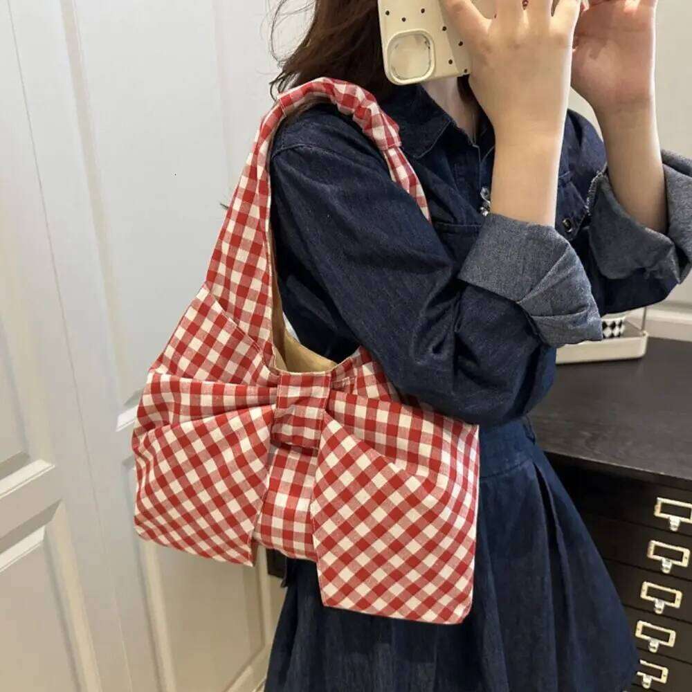 Lightweight Korean Style Bow Shoulder Bowknot Fashion Plaid Tote Portable Cute Canvas Vest Bag Outdoor XJ260130