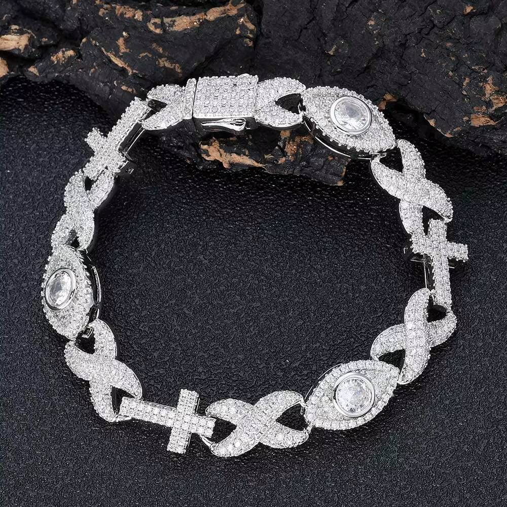 NUOYA New Style 925 Sterling Silver Iced Out Inlaid Shiny VVS Moissanite Cross With Diamond Eyes Link Chain Hip Hop Bracelet