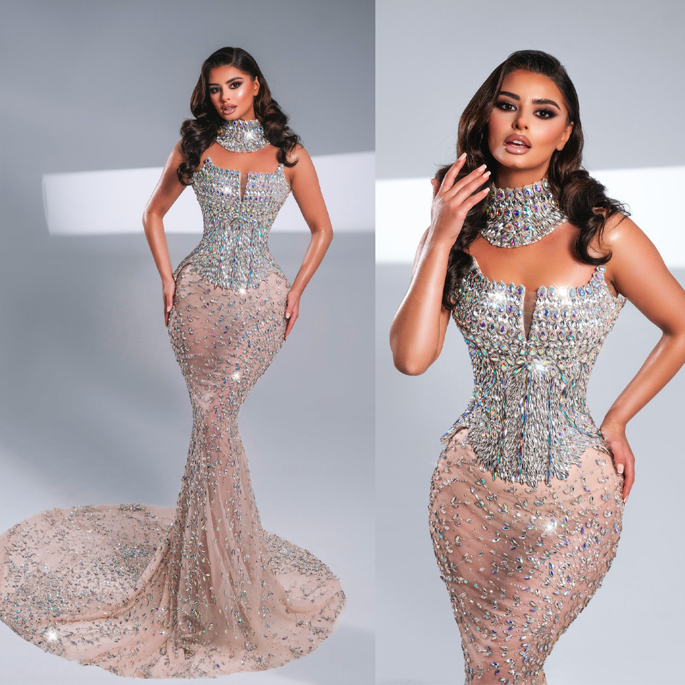 Sparkly Strapless Evening Dresses Crystal Beading Prom Dress Shiny Sleeveless Sweep Train Mermaid Party Gowns Vestidos De Noche Plus Size