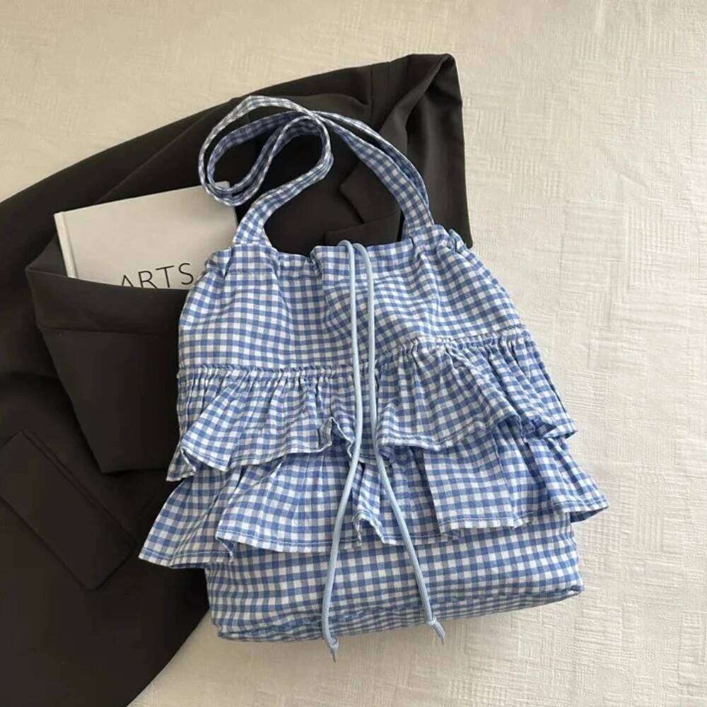 Large Capaci Cute Plaid Cotton Tote Bag Lace Trim Women's Summer 2025 Simple Lady Handbag Soft Shoulder Bags Bolsa Feminina