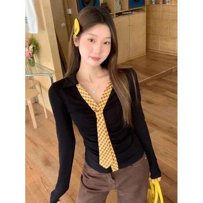 Black Polo Collar Inner Layer Base Shirt For Women Autumn Korean Style Slim Fit Slimming Design Long Sleeve T-Shirt Top