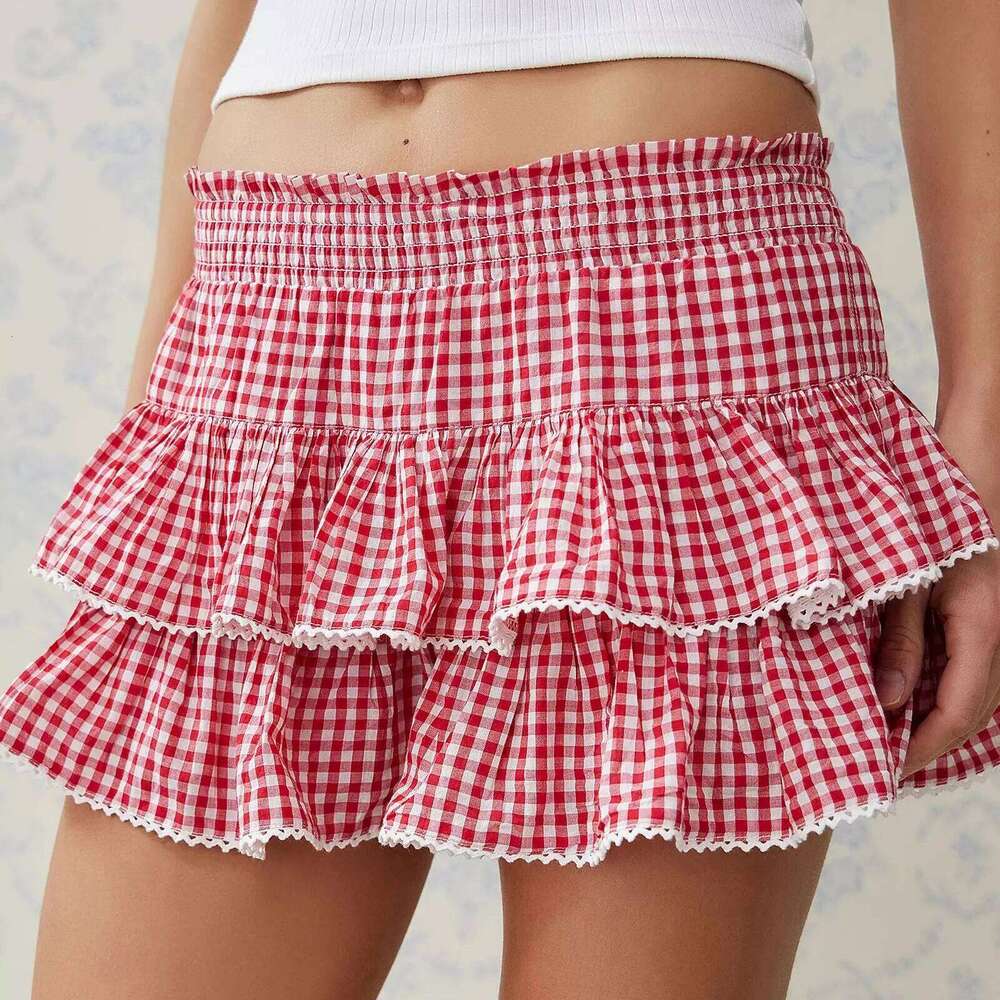 Tiered Ruffled Mini for Women Plaid Print Smocked High Waist Lacy Trim Cute A-line Short Skirts Fashion Summer Skirt XJ260131