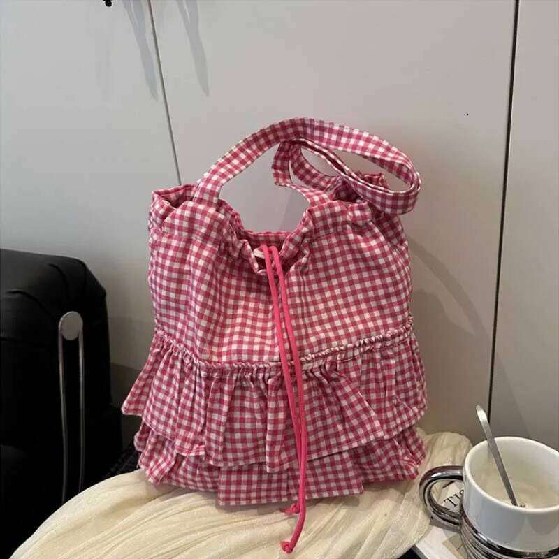 Large Capaci Cute Plaid Cotton Tote Bag Lace Trim Women's Summer 2025 Simple Lady Handbag Soft Shoulder Bags Bolsa Feminina