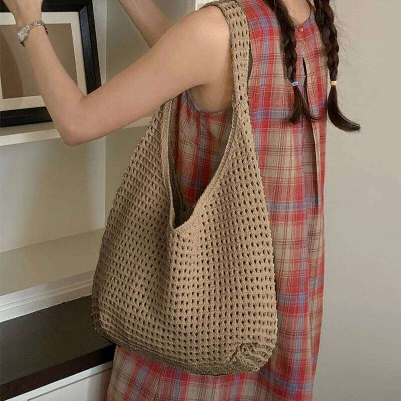 New Sweet Crochet Shoulder Leisure Beach Hollow Out Handbag Women Solid Color Woven Totes Bag For Travel XJ260130
