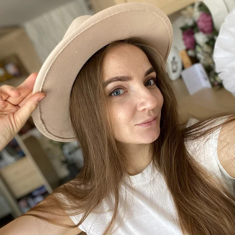 Fedora Bow hat Wide Brim Church Derby Flat Top Hat Panama Felt Fedoras Hat for Women artificial wool Blend Jazz Cap Trilby hats 260120