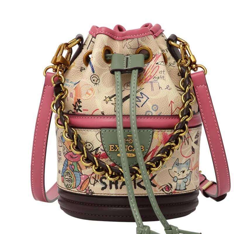 Women's Handheld Genuine Leather Drawstring 2024 Spring New Round Bucket Single Shoulder Crossbody Bag for Women