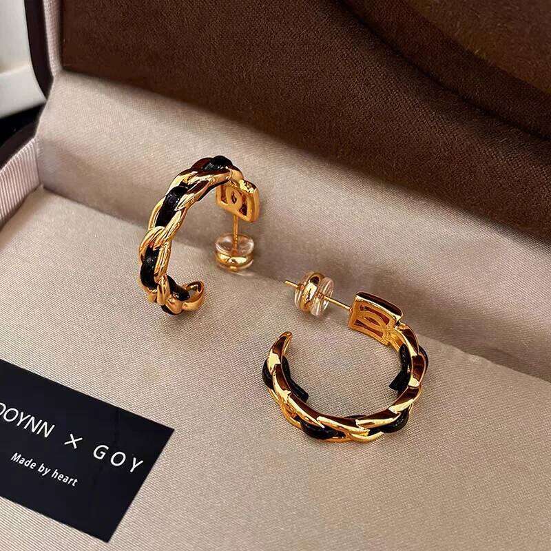 Earrings Gold Plated Leather Woven Large Circle Stainless Steel for Summer Daily and Party Wear Gift High Quality Texture