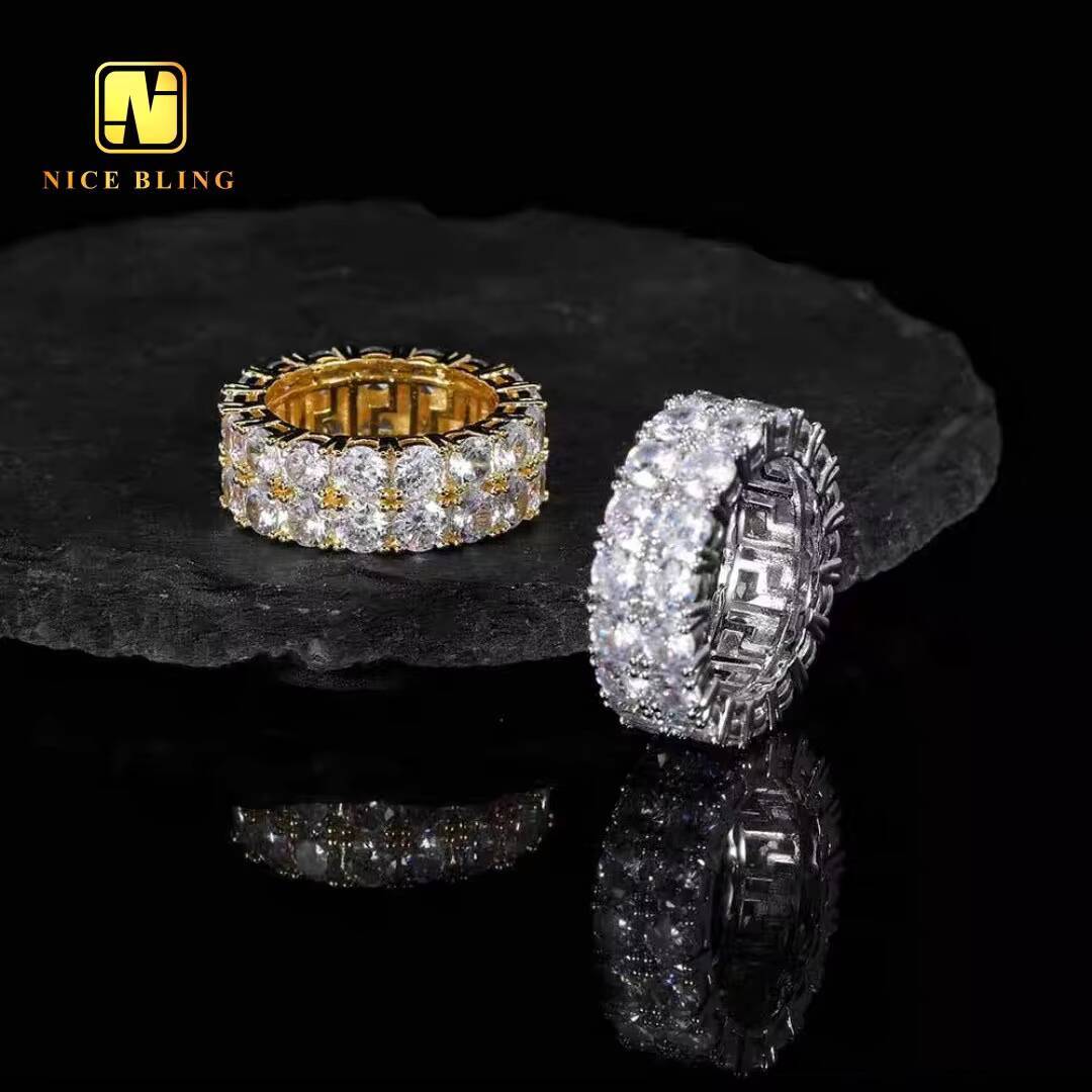Wholesale Fashion Hiphop Rings 925 Silver Moissanite Diamond Tennis Rings 3mm Double Rows Engagement Wedding Band for Men Women