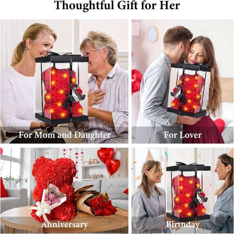 10inch Flower Bear Led Light Mother's Day Anniversary Birthday Girt for Wife Girlfriend Mom with Gift Box and Card Y260131