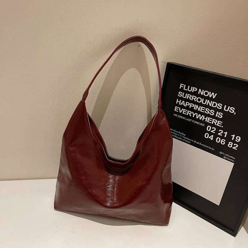 Soft PU Leather Underarm Vintage Wine Red Ladies Shoulder Commuter Large Handbag Women's Versatile Minimalist Tote Bag XJ260131