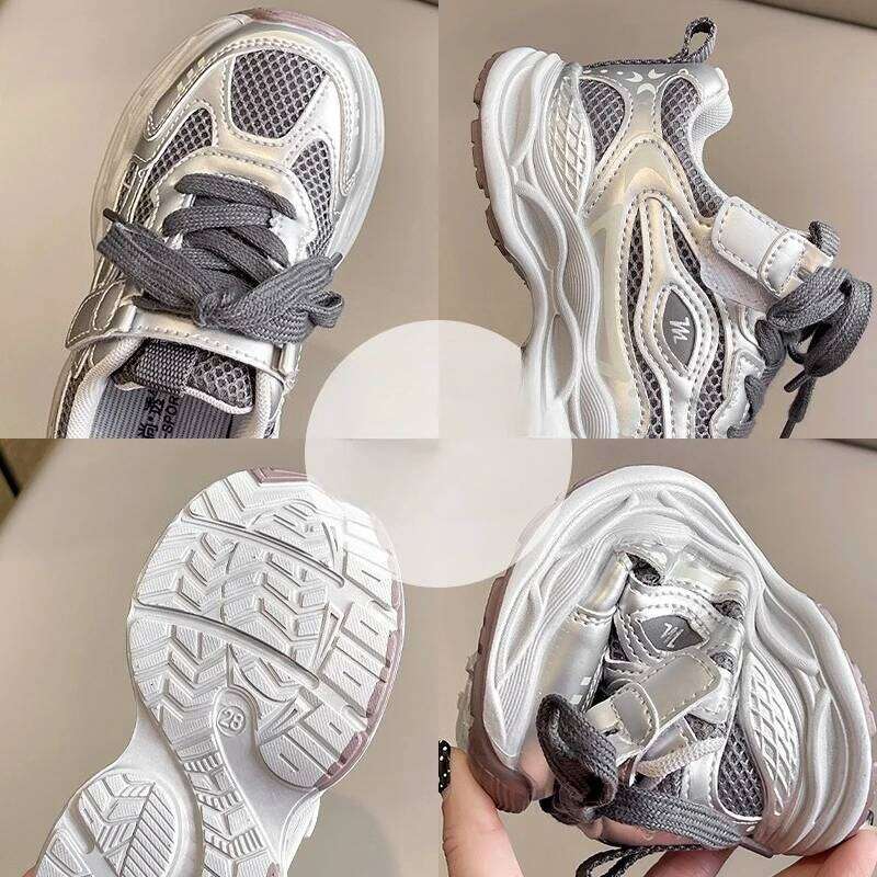 Children's Casual Sneakers 3 - 18 Years Old Silver Mesh Lightweight Girls Four Season Kids Single Boys Shoes Y260128