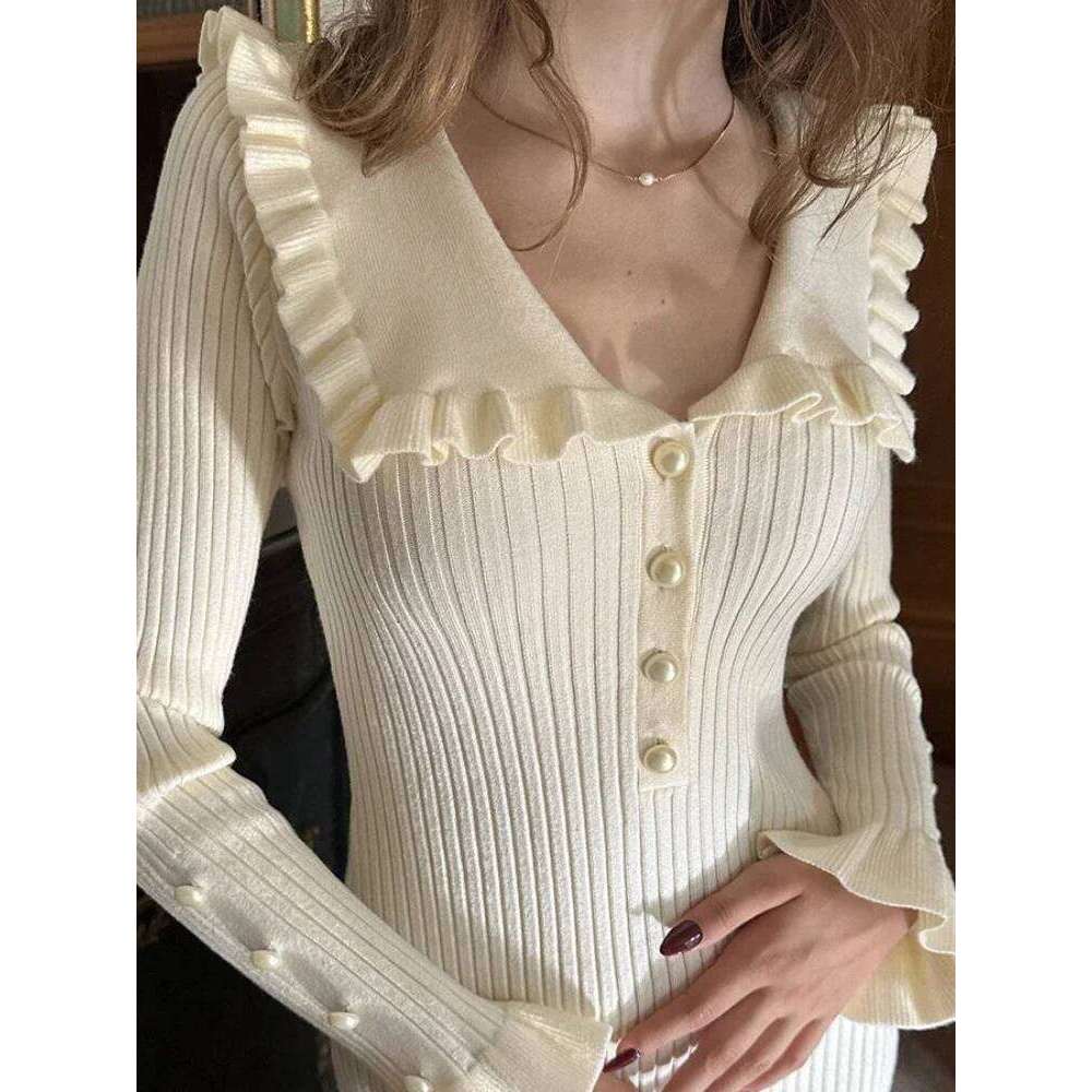 TARUXY High Waist Ruffled Maxi Dresses For Women Autumn Winter Knitted Slim Long Women's Vintage Dress Woman Retro Elegant XJ260131