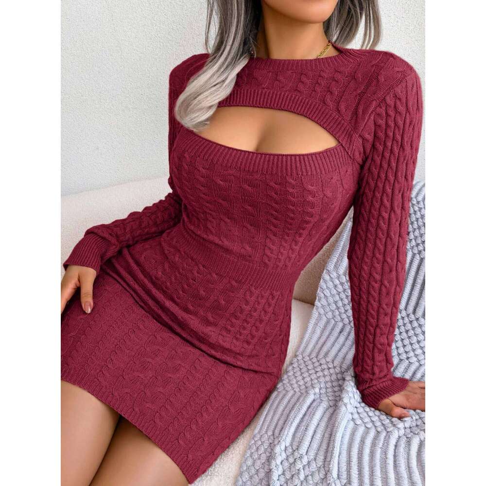 Women's Winter Sweater Dress Long Sleeve Round Neck Cutout Waist Ribbed Knit Bodycon Mini Skirt Solid XJ260131