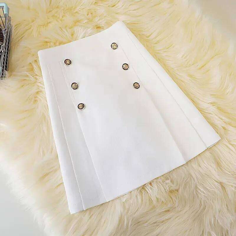Korean pleated women's summer new high waist slim exposure-proof double-breasted A-line skirt fashion temperament skirt. XJ260131