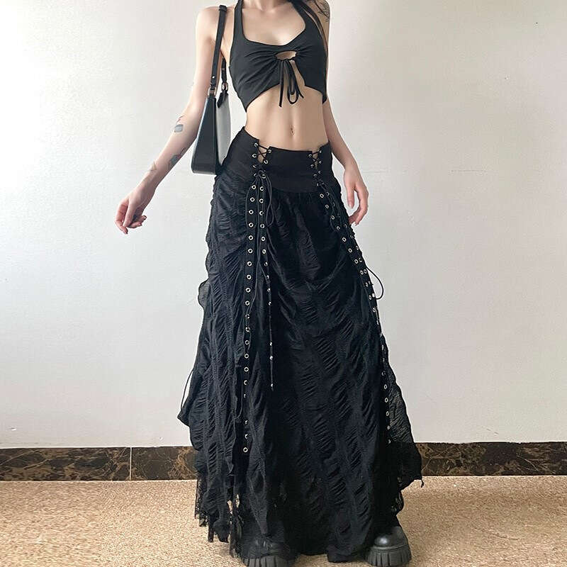 Y2K Dark Style American Retro Tie Patchwork Midi for Women New Niche Design High Street A-Line Skirt