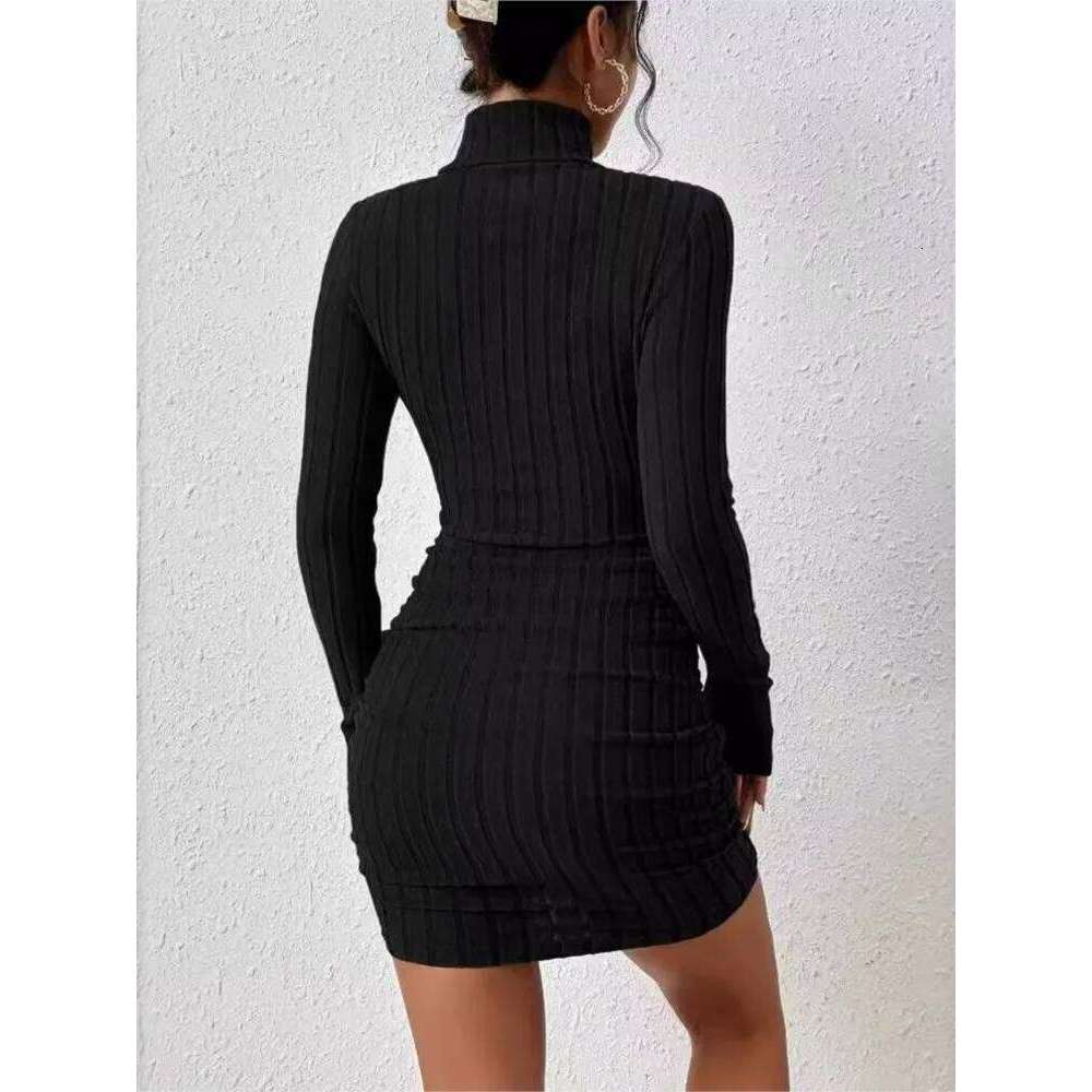 New Solid Autumn Winter Women Long Sleeves Turtleneck Sexy Bodycon Sheath Mini Dress Club Elegant Party Knitted Dresses XJ260131