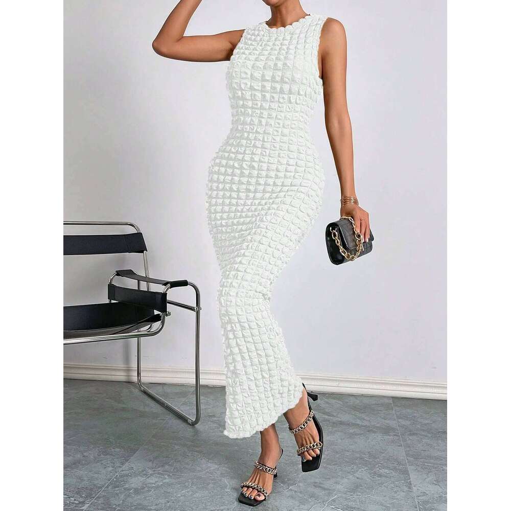 Waffle round neck sleeveless high-elastic solid color dress XJ260131