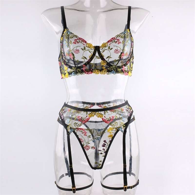 Women's floral embroidery lingerie set - transparent mesh bra and suspender underwear, romantic pajamas for Valentine's Day or role-playing
