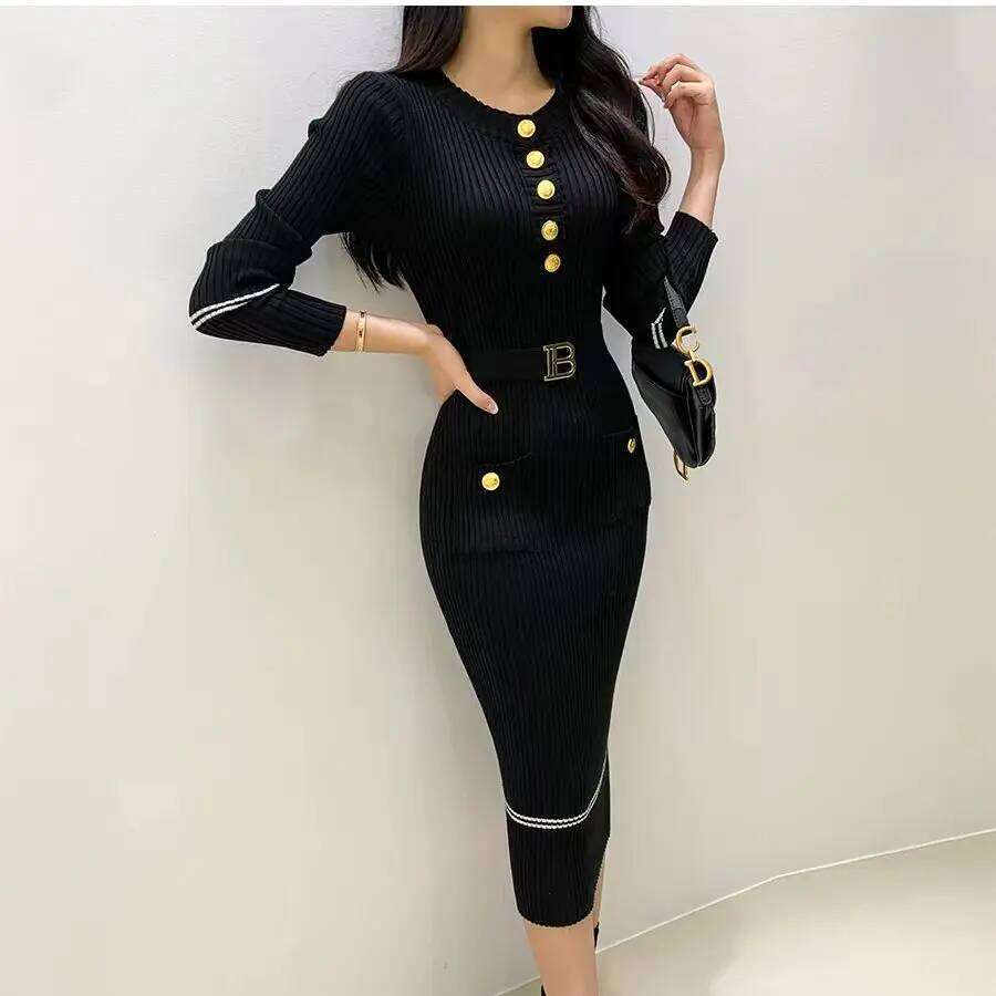 French style celebrity temperament feeling autumn winter new round collar fragrance wind slim bottom wrap hip dress XJ260131