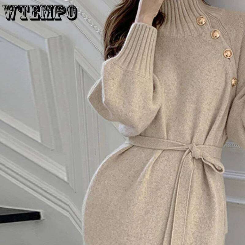 WTEMPO Women's Vintage Sleeve Knitwear Loose Buttoned Turtleneck Sweater Dress Autumn Winter Sexy Mid Long Knitted Dresses XJ260131