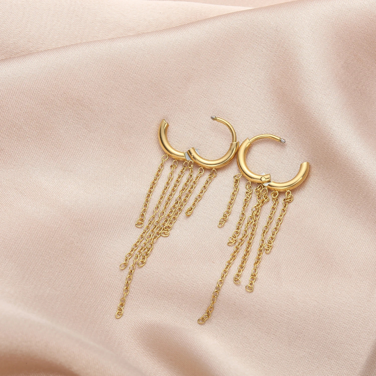 Womens Tassel Hoop Earrings Stainless Steel Huggie Dangle Chain Earrings 260126