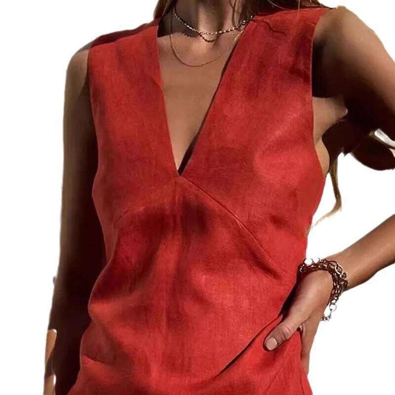 Cotton Linen Dress Sleeveless V-neck Solid Color Slim Vest Skirt 2025 Spring and Summer Fashion Elegant Women's Wear XJ260131