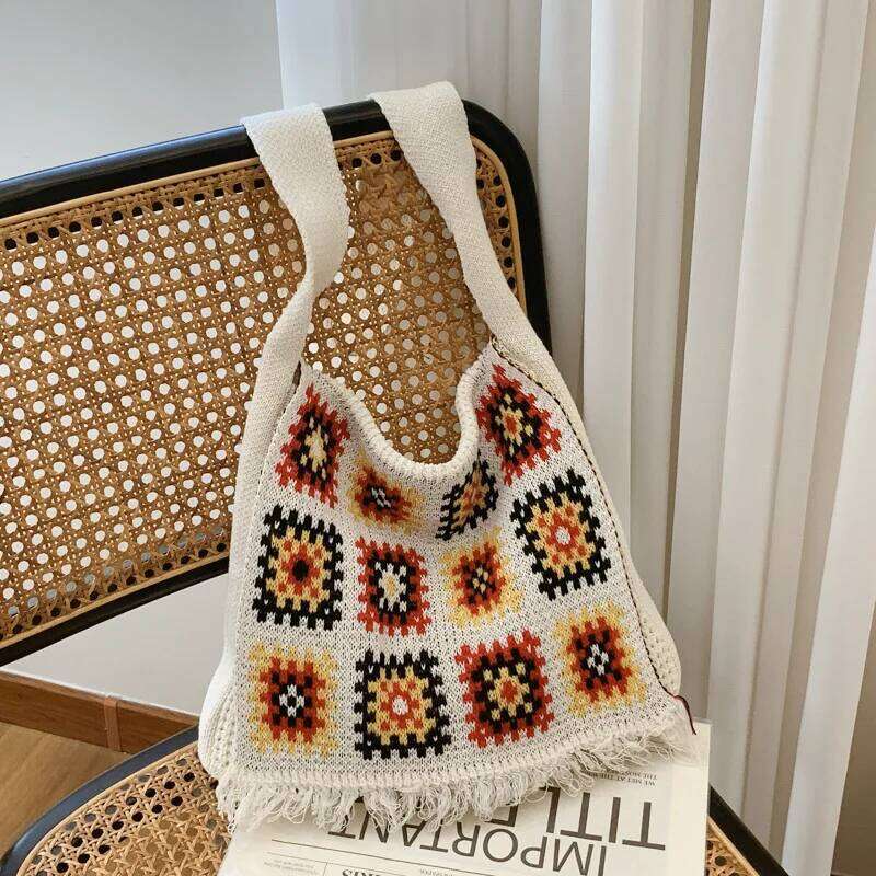 Stylish Tote Large Capacity Space-Saving Women Cut-out Knitted Handbag Casual Crochet Shopping Bag XJ260130
