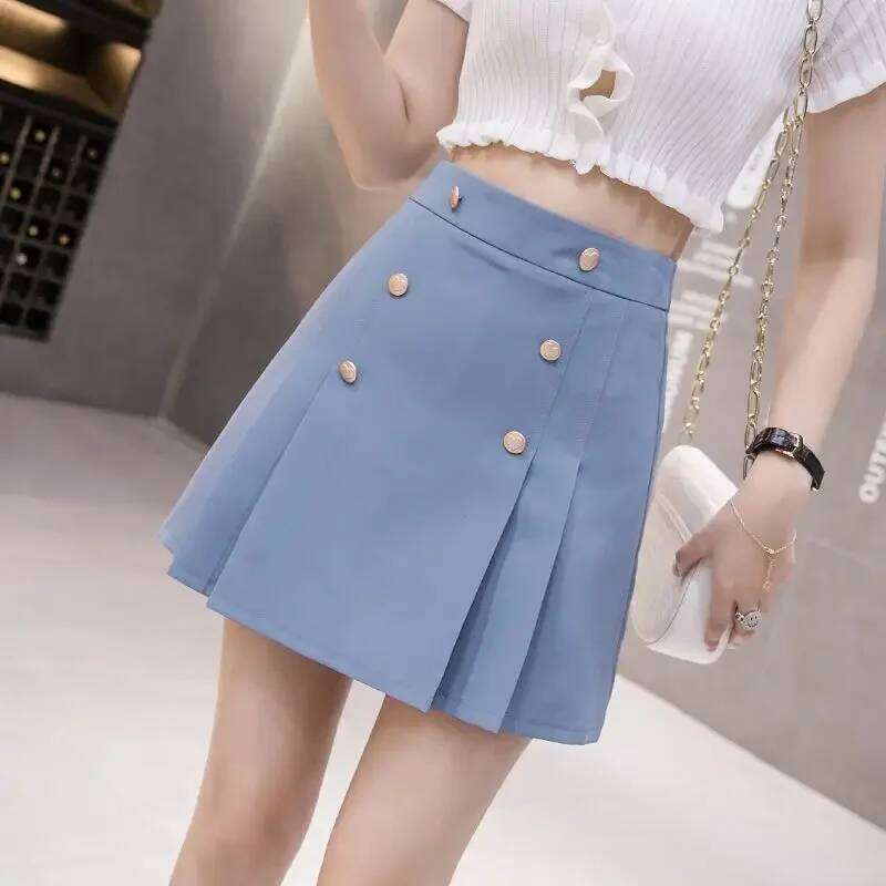 Korean pleated women's summer new high waist slim exposure-proof double-breasted A-line skirt fashion temperament skirt. XJ260131