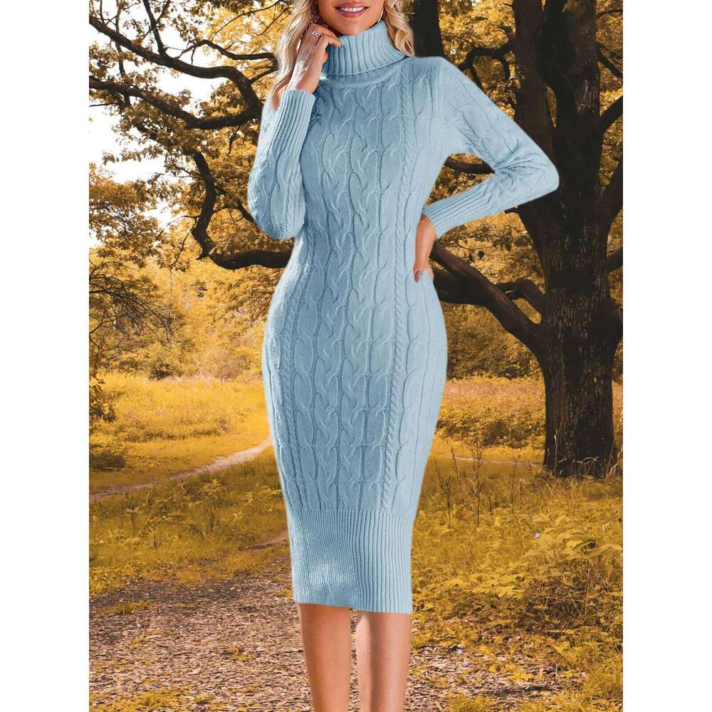 Womens Autumn Winter Daily Elegant Long Sleeve Turtleneck Sweater Knitted Bodycon Midi Sheath Jumper Dresses XJ260131
