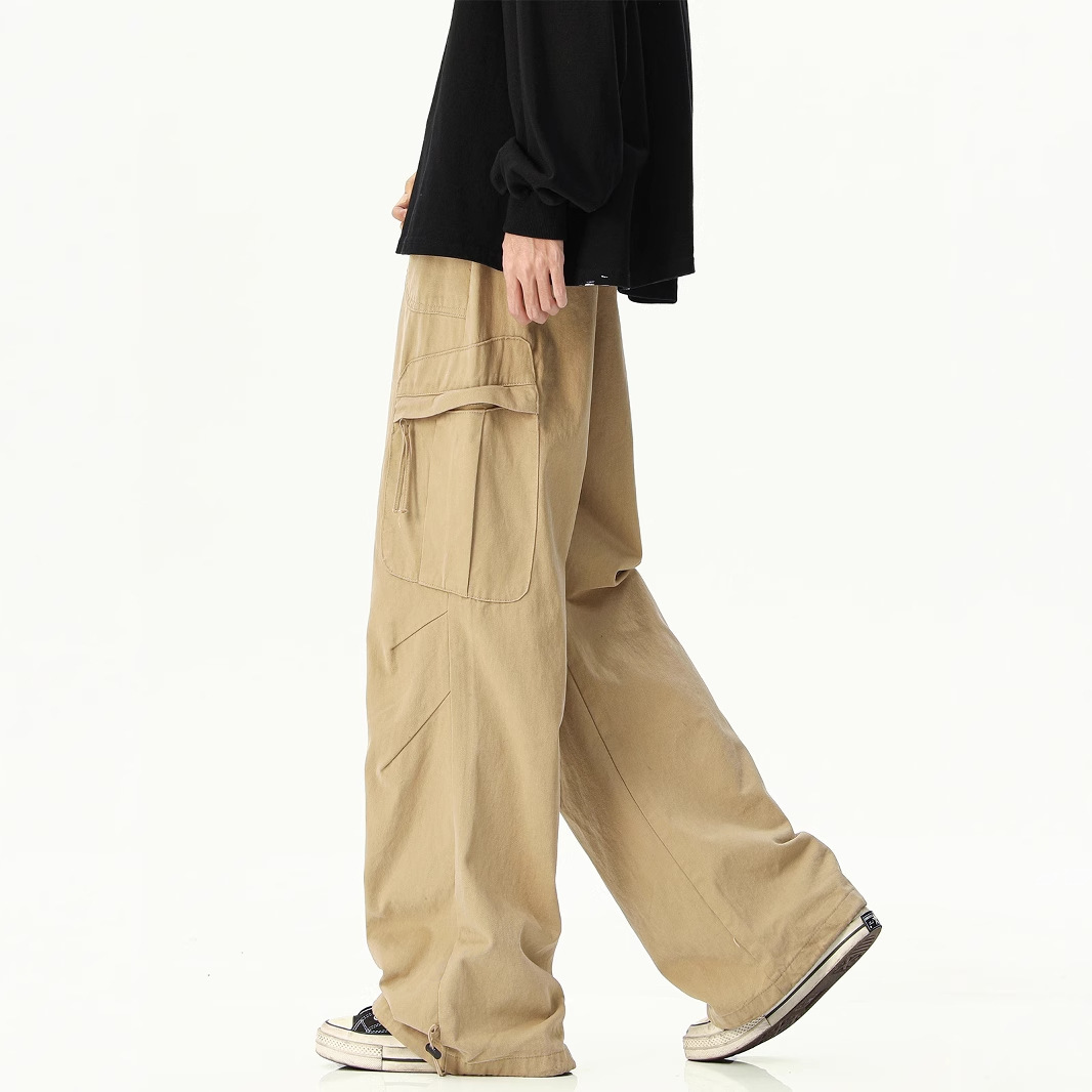 Men's Maillard Hue Cargo Pants, Hip-Hop Parachute Style Wide Leg Trousers, High Street Vintage Utility Wear - view 7