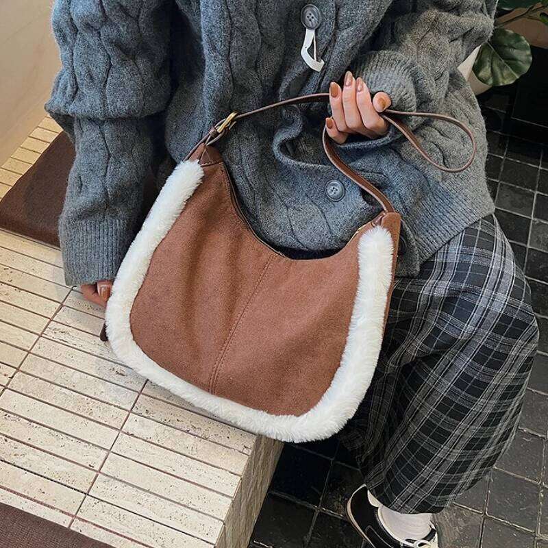 New Shopping Crossbody for Women Faux Suede Simple Texture Shoulder Bags Fashionable Winter Fluffy Casual Commuting Bag XJ260130