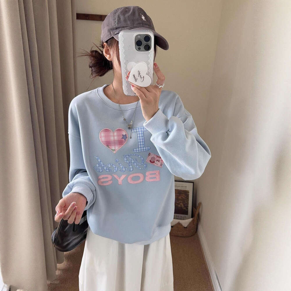 Korean Dongdaemun Patch Embroidery Round Neck Sweatshirt For Women, Autumn New Simple Letter Loose Casual Versatile Long Sleeve