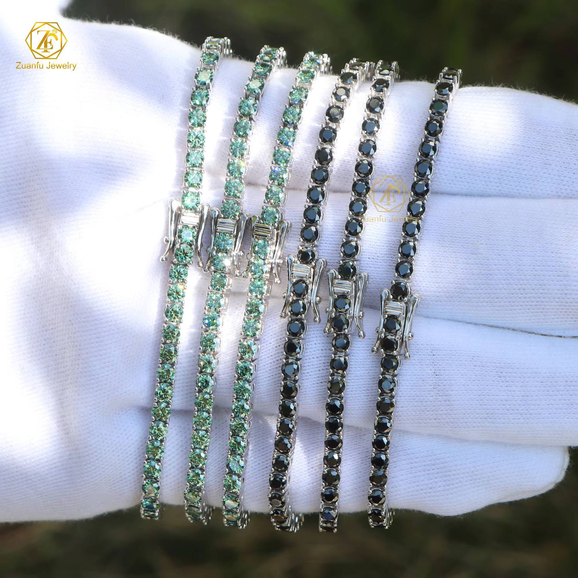 GRA VVS Black Green Moissanite White Gold Plated Black Plated S925 925 Sterling Silver 3mm 4mm 5mm Tennis Bracelet for Men Women
