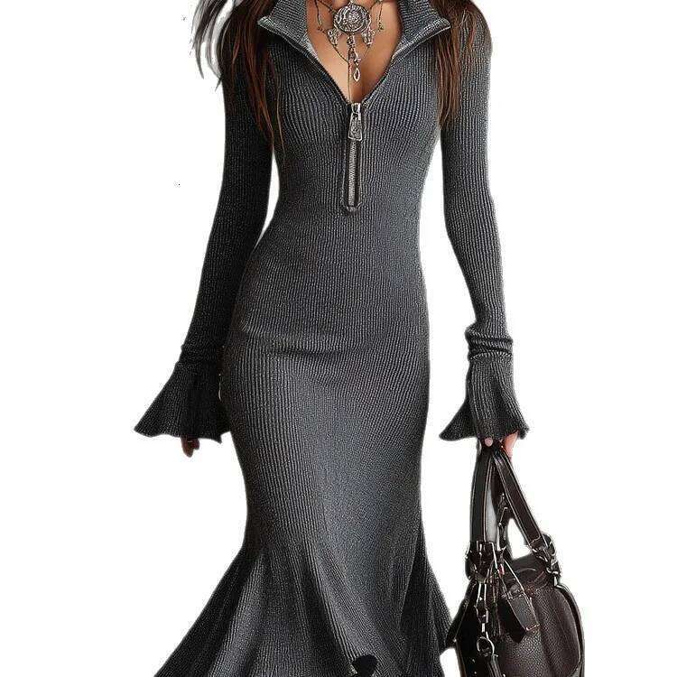 Vintage Slim Knitted Dresses For Women 2025 Autumn Winter Long Sleeve Turn-down Collar Bodycon Maxi Dress Elegant XJ260131
