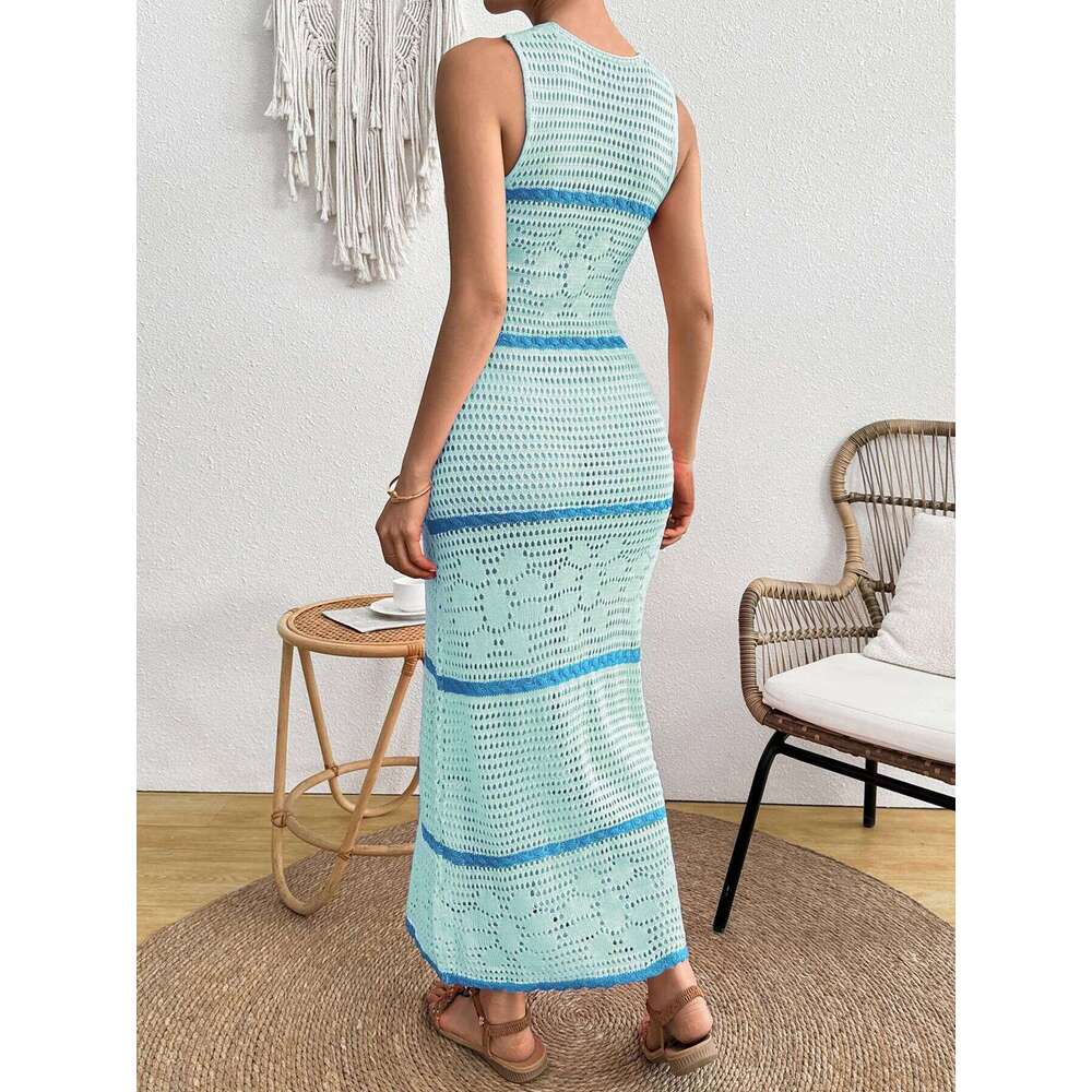 Casual Hollow Knitted For Women Fashion O-neck Sleeveless Contrasting Striped A-line Long Dress Spring Summer New Style XJ260131