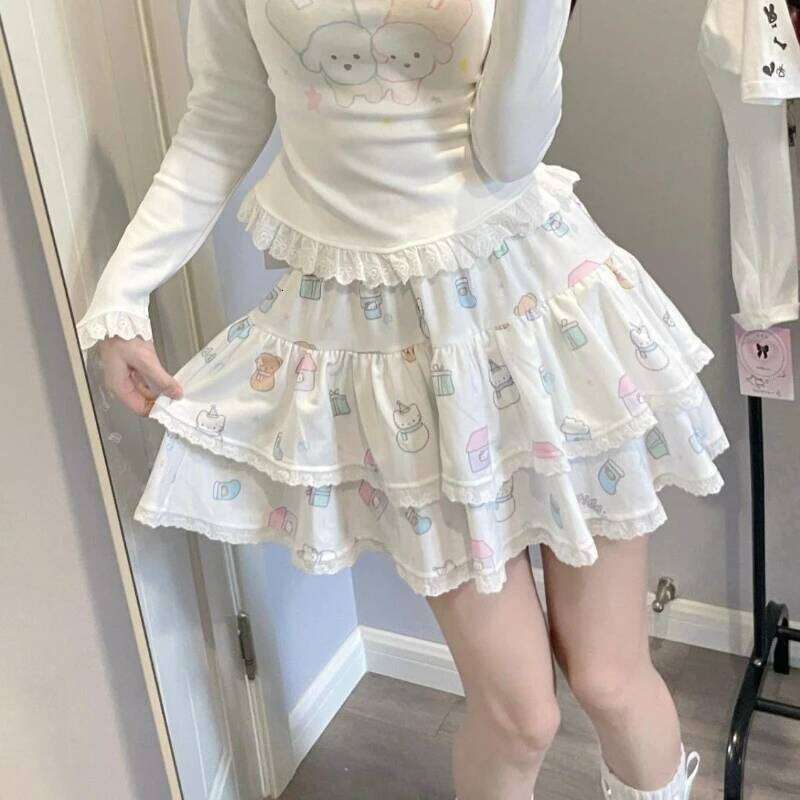 Kawaii Japanese Style Mini Skirt Women Harajuku Lolita Lace Pleated Sweet Cute Y2k Ruffles Cake Layered Skirts XJ260131