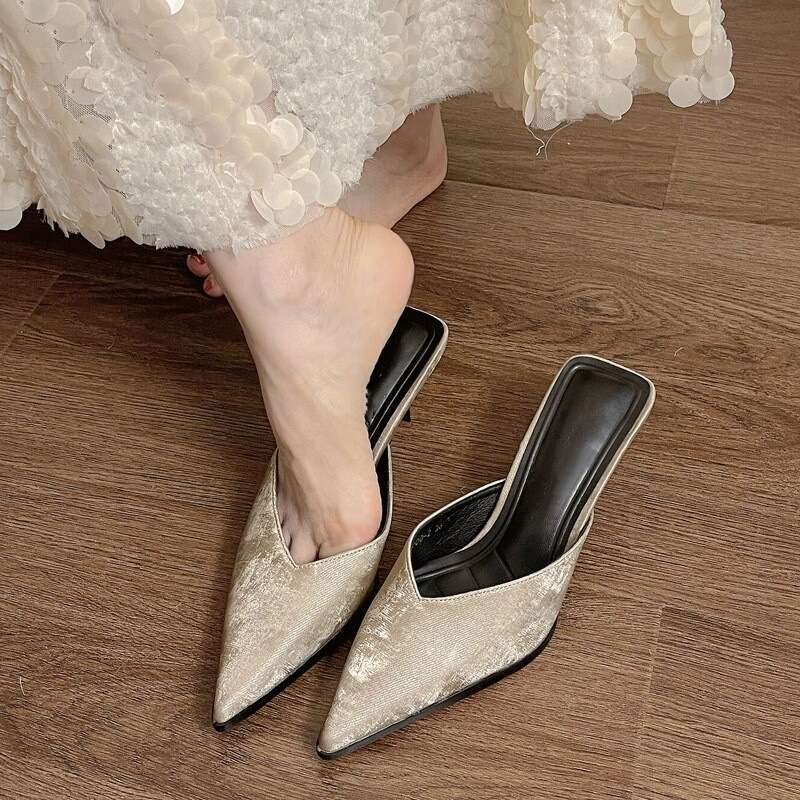 With Box Design Shoe New Pointed Toe Stiletto Mules High Heels Elegant pointed Toe Half Slippers for Women Outdoor Wear Free Gift