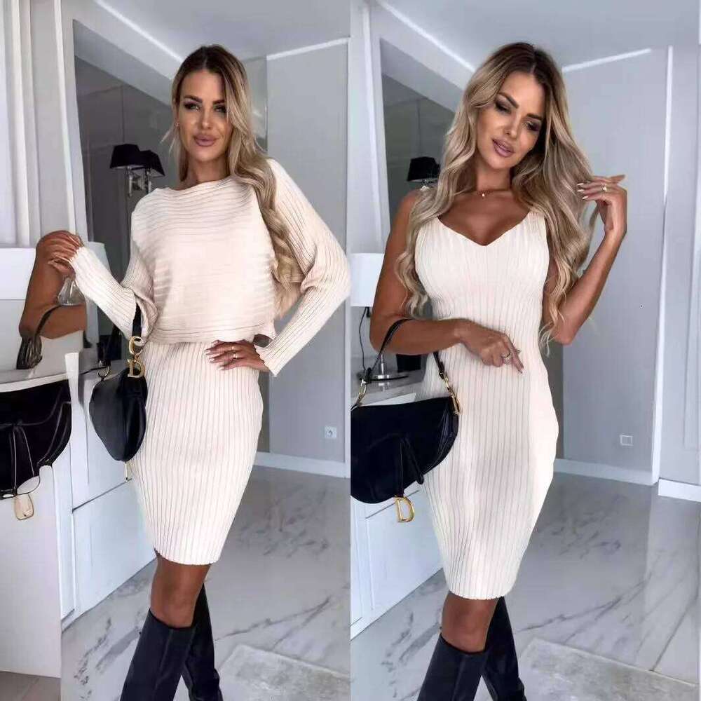 For Woman 2023 Winter Fashion Slim Fit Sexy Solid Two Piece Mid Length Women Elegant Knitted Pit Stripe Dress Vestido XJ260131
