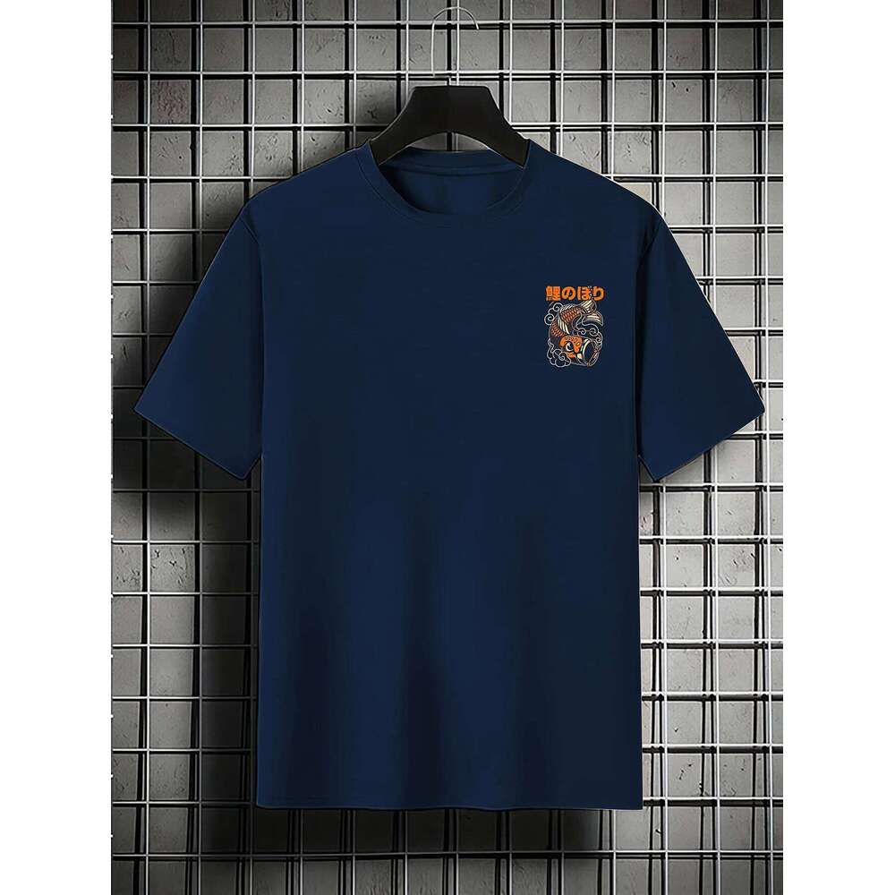 2025 Summer Casual Short Sleeve T-Shirt Japanese Koi Fish Cloud Print Navy Blue with Orange Artwork Men Clothing C260131