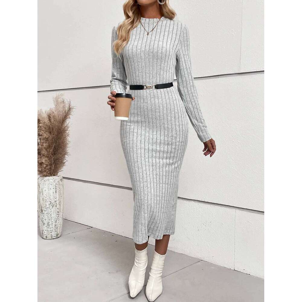 Cross border European American women's spring autumn knitted tight and sexy buttocks wrapped mid length dress XJ260131