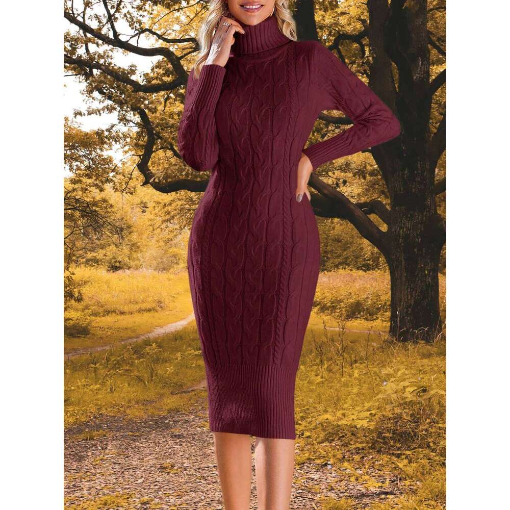 Womens Autumn Winter Daily Elegant Long Sleeve Turtleneck Sweater Knitted Bodycon Midi Sheath Jumper Dresses XJ260131