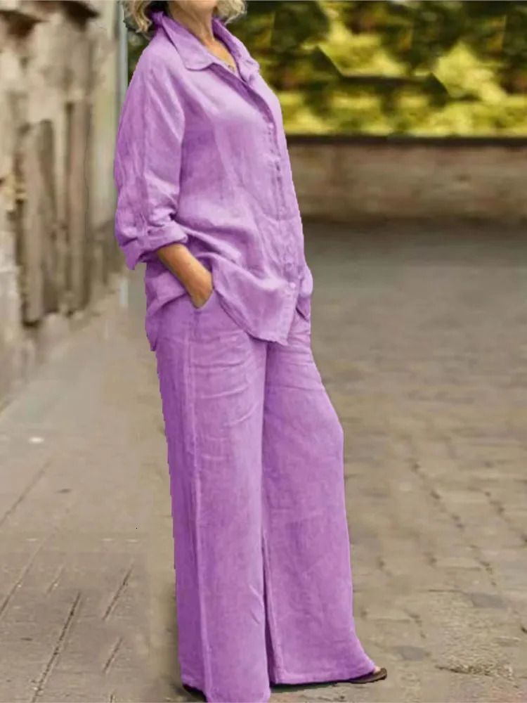 Fashion Cotton Linen Shirt Long Sleeved Womens Set Spring Autumn Loose Cotton Linen Wide Leg Trousers Female Office 2piece Set 260122