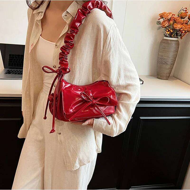 Cute Bow Design PU Leather Crossbody Bags for Women 2026 Y2K Trend Fashion Pleated Shoulder Bag Lady New Handbags and Purses
